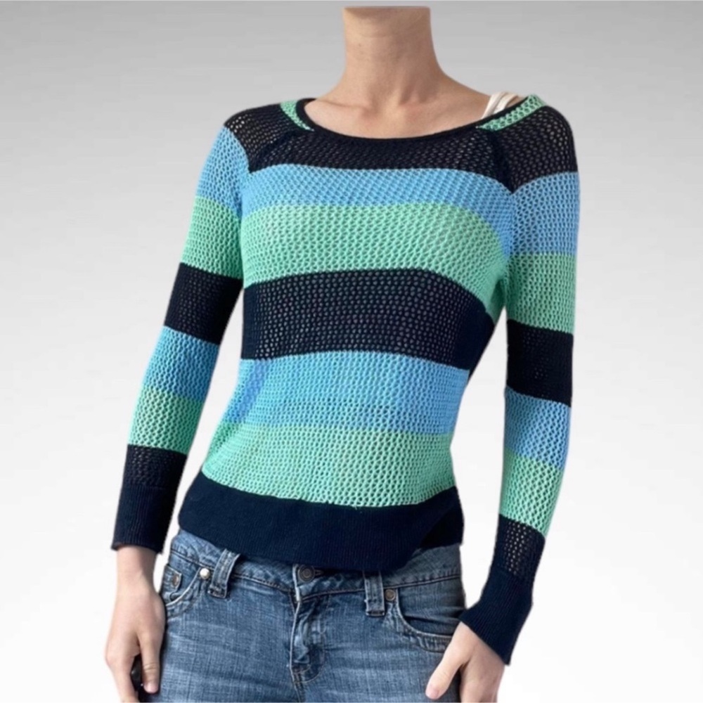 525 America Open Knit Striped Rayon Mesh Sweater